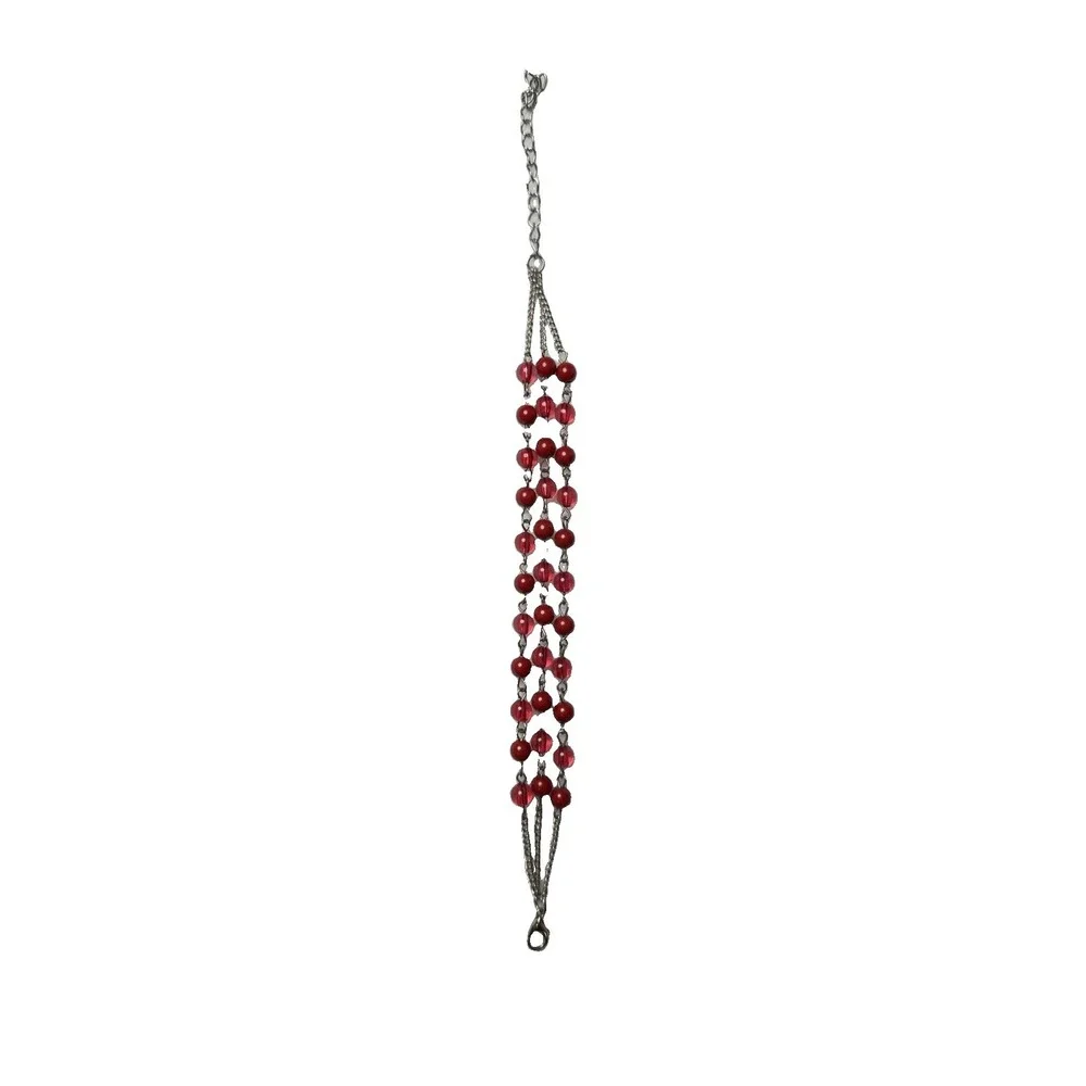 Unbranded Beaded Bracelet Women OS Red Triple Strand‎ Silver Tone Adjustable